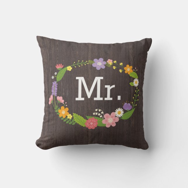 Rustic Woodland Bohemian Floral Wreath Wedding Throw Pillow (Front)