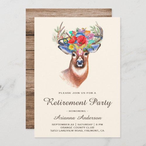 Rustic Woodland Boho Floral Deer Retirement Party Invitation