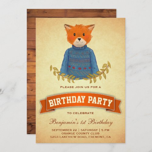 Rustic Woodland Boho Fox Birthday Party Invitation