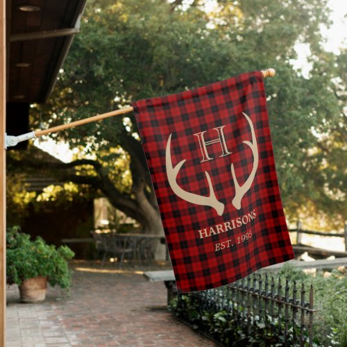 Rustic Woodland Buffalo Plaid Deer Antlers Family House Flag