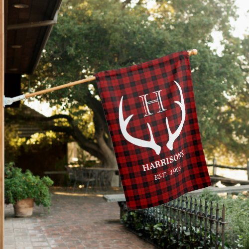 Rustic Woodland Buffalo Plaid Family Cabin House Flag