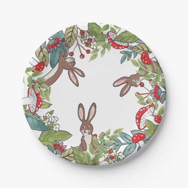 Rustic Woodland Bunny Rabbit Mushroom Berry Leaves Paper Plates (Front)