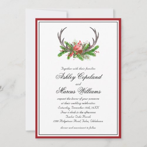 Rustic Woodland Cardinal and Antlers Wedding Invitation