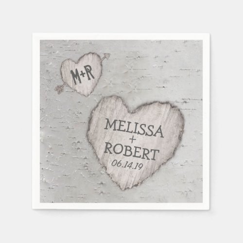 Rustic Woodland Carved Heart Birch Tree Wedding Paper Napkins
