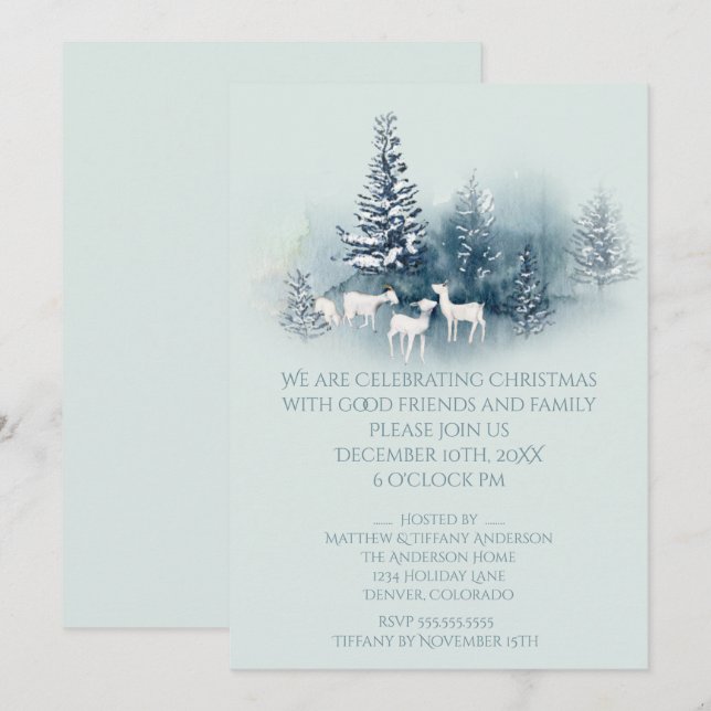 Rustic Woodland Christmas Evergreen Goats Invitation (Front/Back)