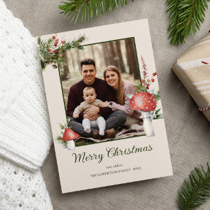 Rustic Woodland Christmas Mushrooms Photo Holiday Card