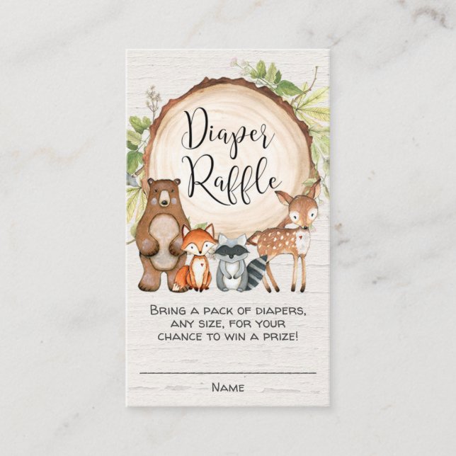 Rustic woodland cute animals diaper raffle cards (Front)