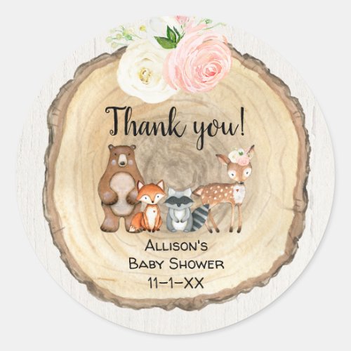 Rustic woodland cute animals girl baby shower classic round sticker