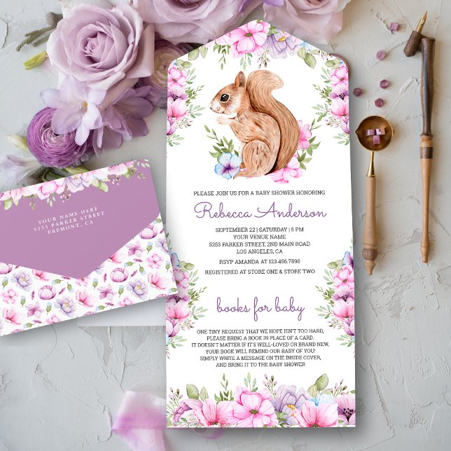 Rustic Woodland Cute Floral Squirrel Baby Shower All In One Invitation (Creator Uploaded)