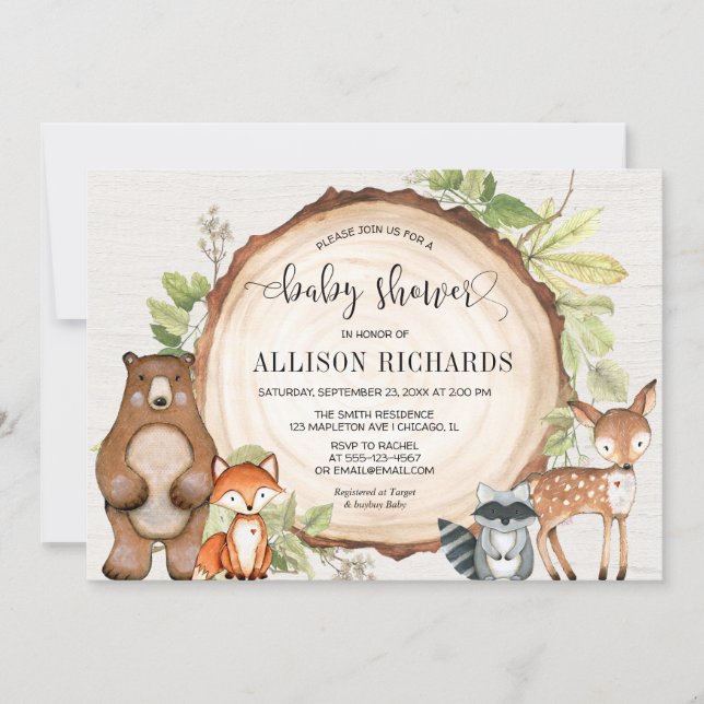 Rustic woodland cute forest animals baby shower invitation (Front)