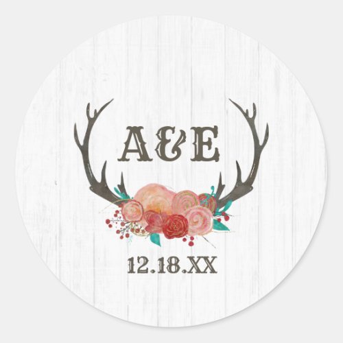 Rustic Woodland Deer Antler Boho Monogram Wedding Classic Round Sticker