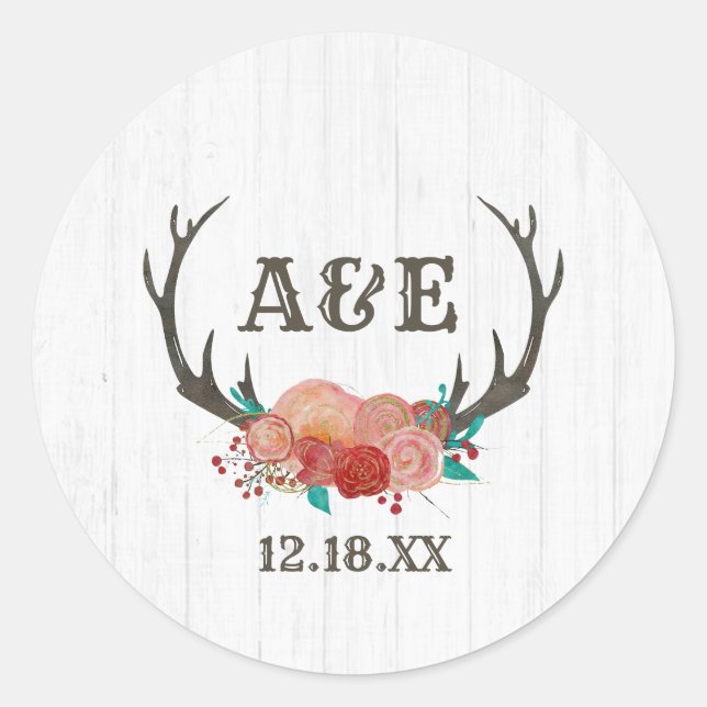 Rustic Woodland Deer Antler Boho Monogram Wedding Classic Round Sticker (Front)