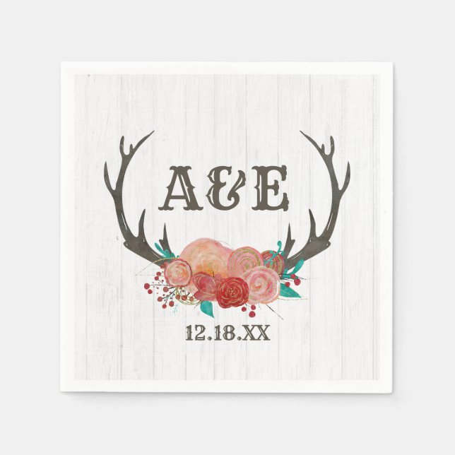 Rustic Woodland Deer Antler Boho Wedding Monogram Paper Napkins (Front)