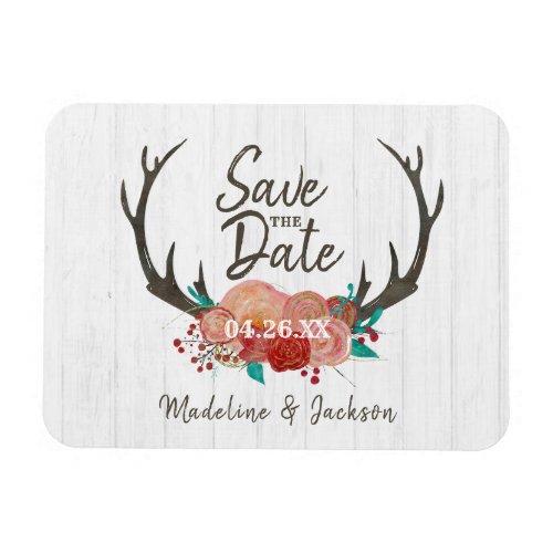 Rustic Woodland Deer Antler Bouquet Save the Date Magnet