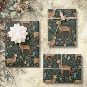 Rustic Woodland Deer & Christmas Pine Tree Wrapping Paper Sheets