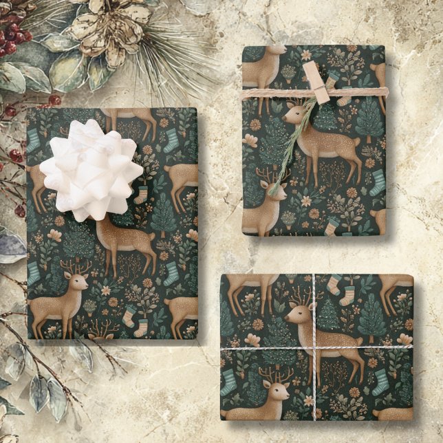 Rustic Woodland Deer & Christmas Pine Tree  Wrapping Paper Sheets (Creator Uploaded)