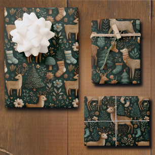 Rustic Woodland Deer & Christmas Pine Tree Wrapping Paper Sheets