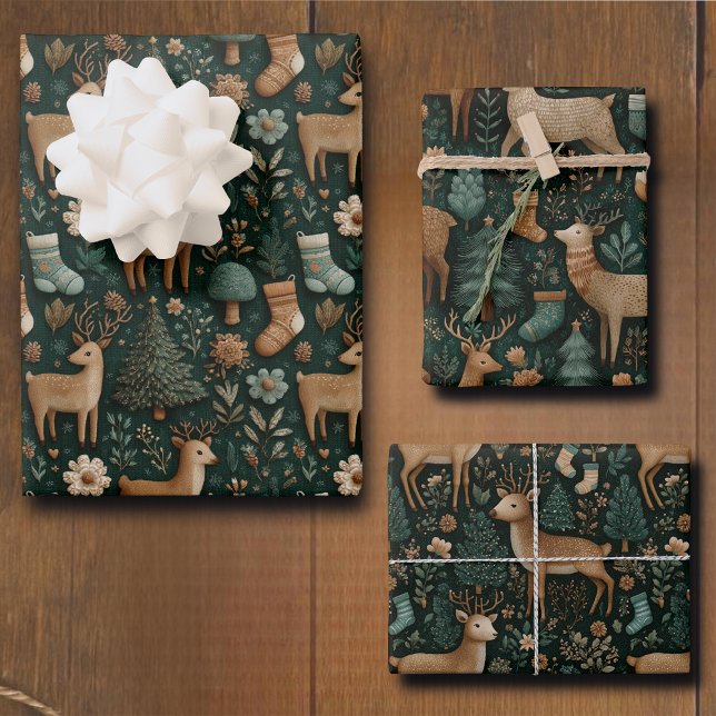 Rustic Woodland Deer & Christmas Pine Tree  Wrapping Paper Sheets (Creator Uploaded)