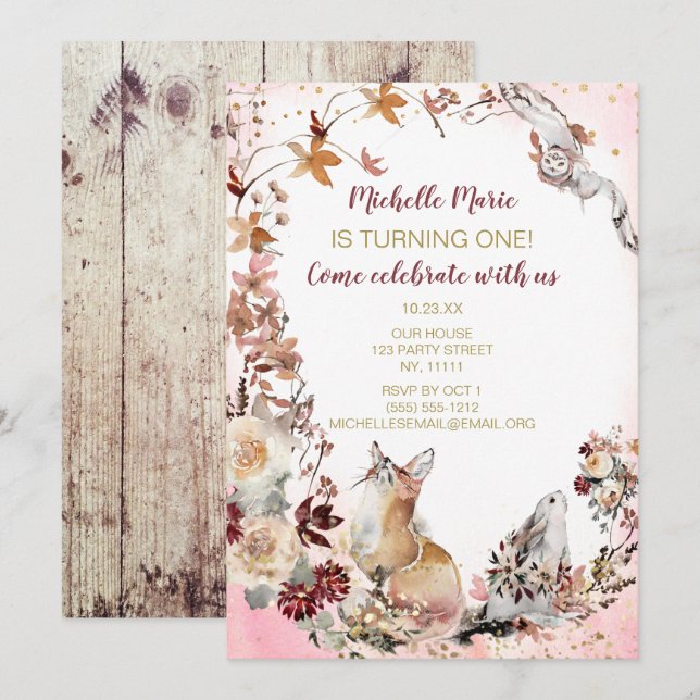 Rustic Woodland Deer Floral First Birthday Invitation (Front/Back)
