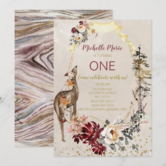 Rustic Woodland Deer Floral First Birthday Invitation (Front/Back)
