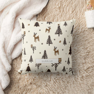 Rustic Woodland Deer Forest Winter Pattern Throw Pillow