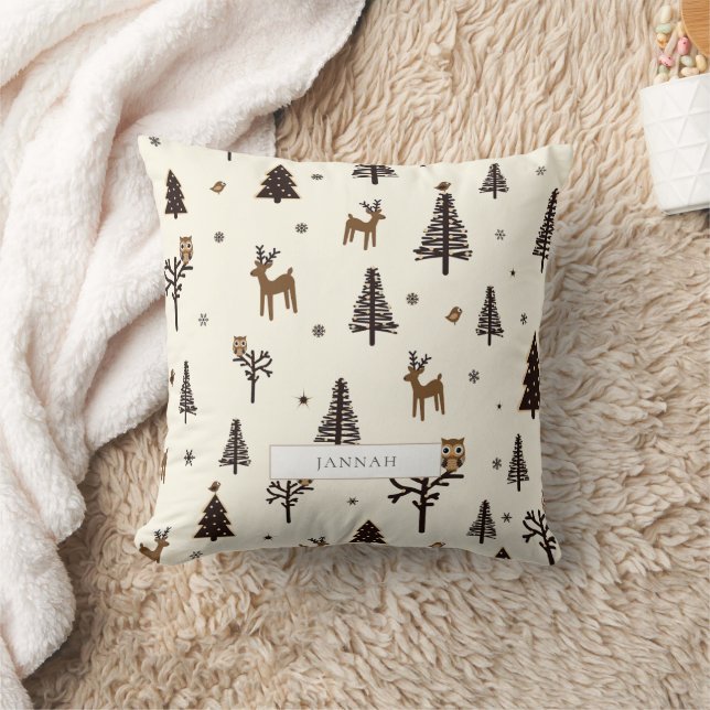 Rustic Woodland Deer Forest Winter Pattern Throw Pillow (Blanket)