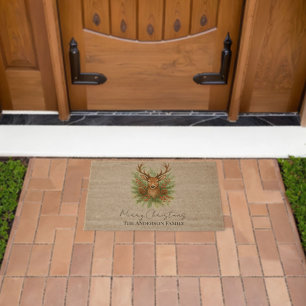 Rustic Woodland Deer Head with Winter Foliage - Fiber Doormat