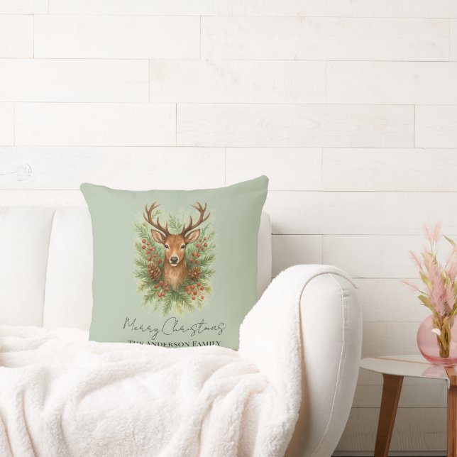 Rustic Woodland Deer Head with Winter Foliage -  Throw Pillow (Couch)