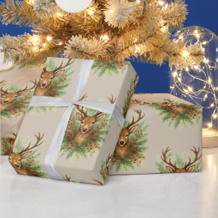 Rustic Woodland Deer Head with Winter Foliage - Wrapping Paper