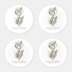 Rustic Woodland Deer Watercolor Christmas Holiday Coaster Set