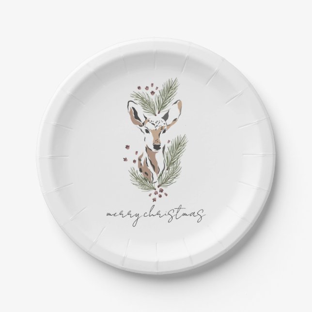 Rustic Woodland Deer Watercolor Christmas Holiday Paper Plates (Front)