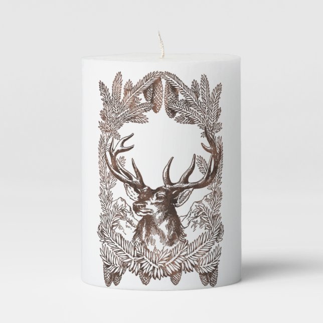 Rustic Woodland Deer Winter Buck Christmas Pillar Candle (Front)