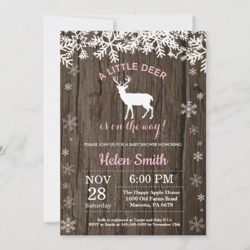 Rustic Woodland Deer Winter Girl Baby Shower Invitation