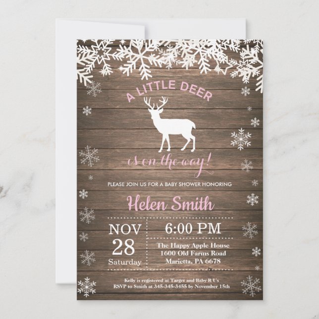 Rustic Woodland Deer Winter Girl Baby Shower Invitation (Front)
