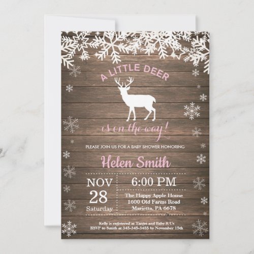 Rustic Woodland Deer Winter Girl Baby Shower Invitation