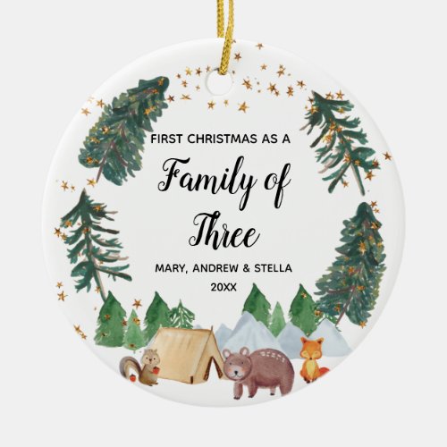 Rustic Woodland Family of Three with Photo Ceramic Ornament