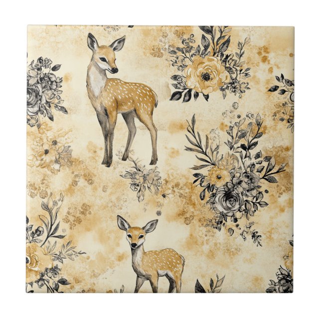 Rustic Woodland Fawn Pattern Ceramic Tile (Front)