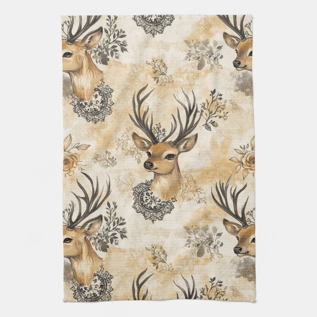 Rustic Woodland Fawn Pattern Kitchen Towel (Vertical)