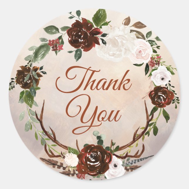 Rustic Woodland Feathers and Floral Bloom Classic Round Sticker (Front)