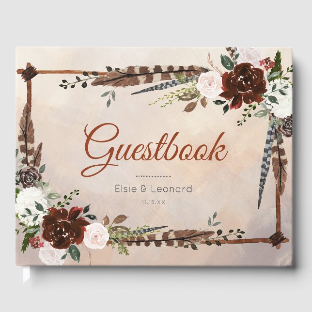 Rustic Woodland Feathers and Floral Bloom Guest Book (Front)