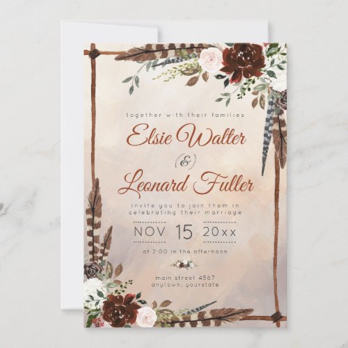Rustic Woodland Feathers and Floral Bloom Invitation