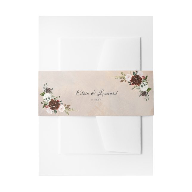 Rustic Woodland Feathers and Floral Bloom Invitation Belly Band (Front Example)