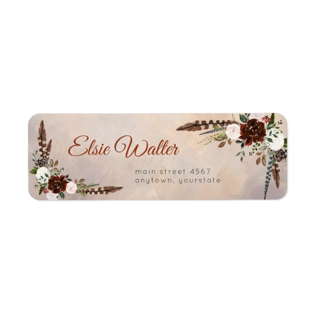 Rustic Woodland Feathers and Floral Bloom Label (Front)
