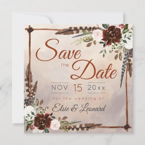 Rustic Woodland Feathers and Floral Bloom Save The Date