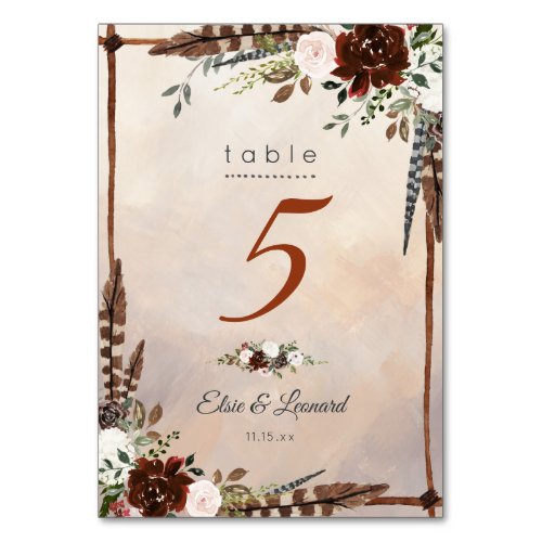 Rustic Woodland Feathers and Floral Bloom Table Number