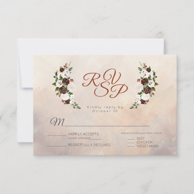 Rustic Woodland Feathers and Floral Bloom w/ meal RSVP Card (Front)
