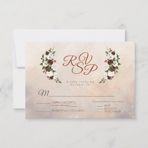 Rustic Woodland Feathers and Floral Bloom w meal RSVP Card
