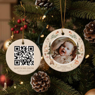 Rustic Woodland First Christmas Photo QR Code Ceramic Ornament