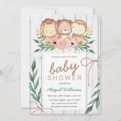 Rustic Woodland Floral Animals Baby Shower Invitation