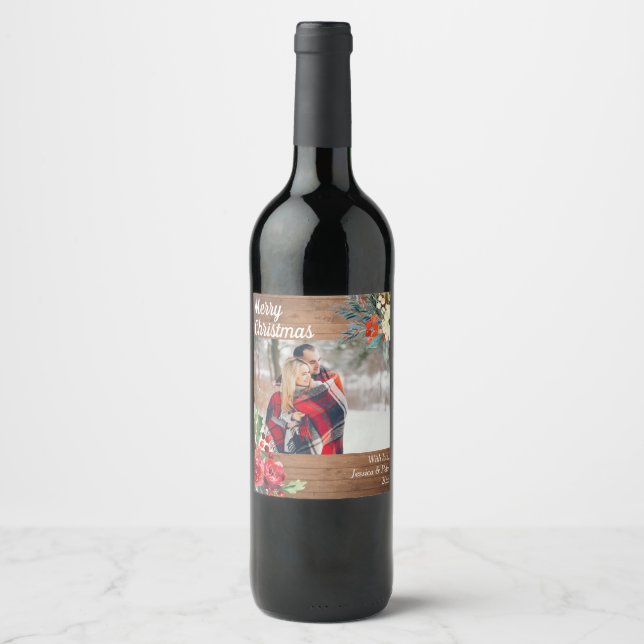 Rustic Woodland floral Christmas Photo Wine Label (Front)
